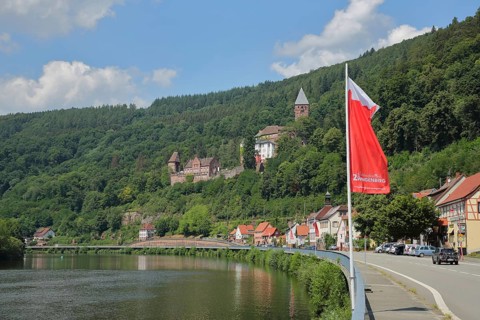 View of castle on the banks of the Neckar with flag, Zwingenberg, Neckar Valley, Baden,