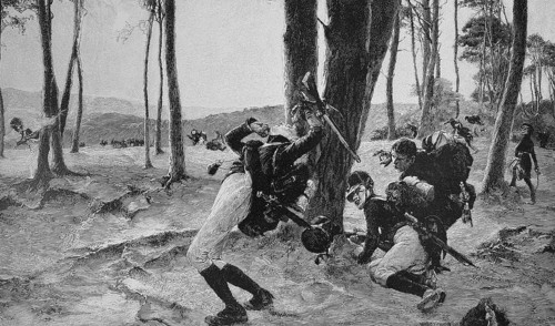Volunteer guardsmen, soldiers, in 1813, advancing soldier is shot, Napoleonic Wars, Historic,