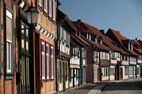 Half-timbered houses in the old town centre, Wernigerode, Harz, Saxony-Anhalt, Germany