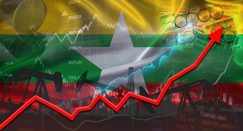 Growth of oil industry with Burmese flag. Oil production with Burmese flag, Oil pumps with Burmese