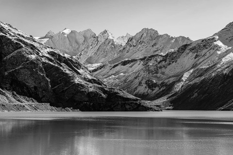 Moiry reservoir, black and white photograph, near Grimentz, Val d'Anniviers, Valais Alps, Canton