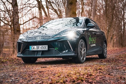 Black car parked on a leaf-covered forest path under a cloudy sky, e-car sharing vehicle from Deer