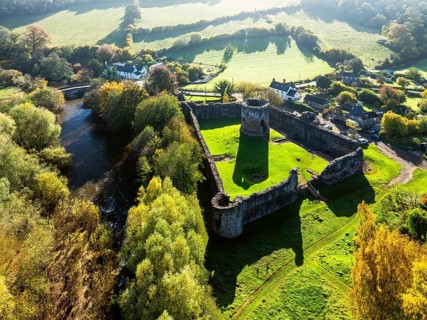 Skenfrith Castle from a drone, Monmouthshire, Wales, England, United Kingdom