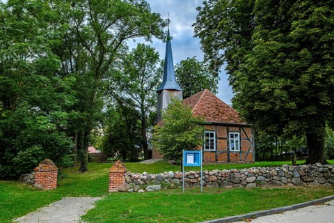 Picturesque view of Zachow village church, a 17th century half-timbered church in Zachow, Groß
