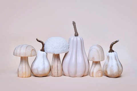 Decorative pumpkin, mushroom and acorn ornaments in a row on beige background. Boho autumn