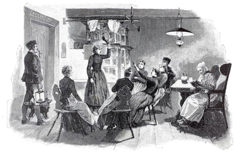 The picture dates from 1890 and shows the historical custom of throwing shoes as an oracle game, a