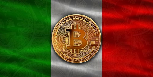 Investors in Blockchain Technology with Italian flag in the background. Bitcoin cryptocurrency with