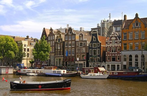 Motorboat in the Amsterdam City Canal, Canals, Netherlands, Holland