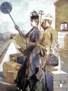 Two elegantly dressed woman at a rural train station who want to stop an approaching train with a