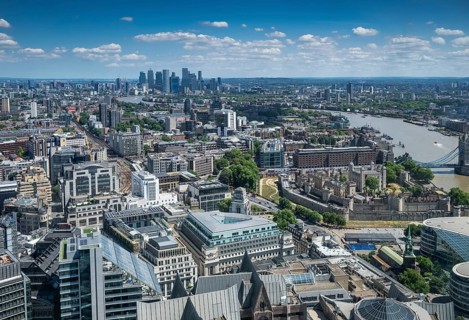View of London, the Thames and the Canary Wharf financial center from 20 Fenchurch Street, London,