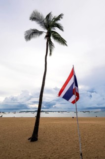 Sandy beach beach, palm tree and Thailand flag, Pattaya, Thailand