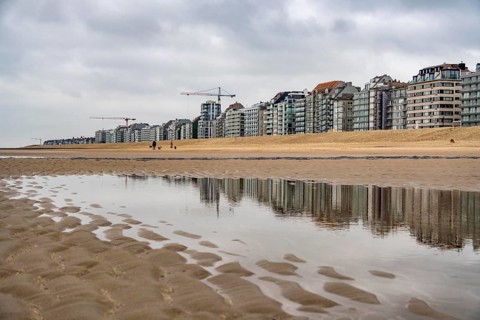 The skyline of Knokke-Heist, on the North Sea beach, dreary winter day, mostly apartment buildings