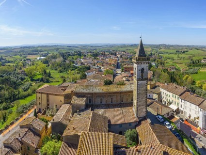 View from the tower to the church of Santa Croce, Vinci, Metropolitan City of Florence, Italy