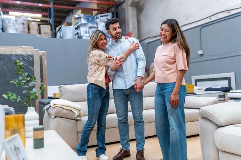 Adults and young woman smiling while choosing new home furniture in a showroom, discussing sofas