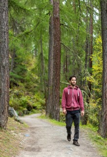 A man strolls along a scenic forest path in autumn, surrounded by tall trees and vibrant foliage in