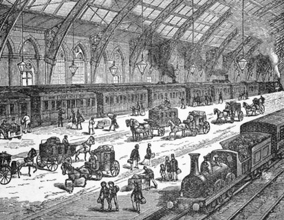 A railway station, around 1870, England, digital reproduction of a historical model