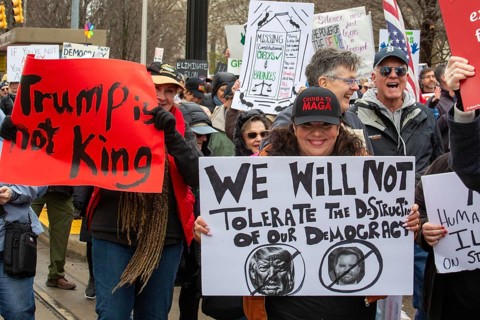Detroit, Michigan USA - 5 April 2025 - A 'Hands Off' demonstration protests the Trump