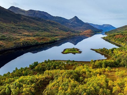 Fjord, coast, mountain landscape, reflection, island, autumn, autumn colours, aerial view, Loch