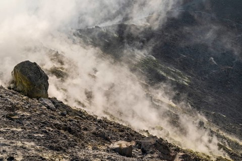 Crater rim, sulfur, sulfur vapors rise, Vulcano, Aeolian or Lipari Islands, Sicily, southern Italy,