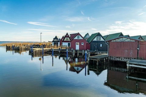 Boathouses in the small harbour of Althagen, Ahrenshoop, Mecklenburg-Vorpommern, Germany