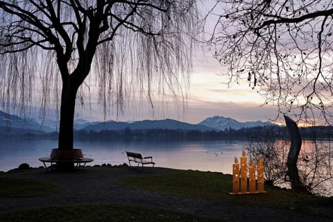 Evening mood at Lake Zug, Pilatus in the background, Cham, Canton Zug, Switzerland