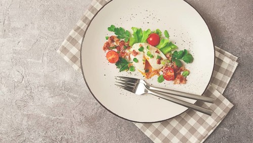 Poached egg, with bacon and vegetables, breakfast, homemade