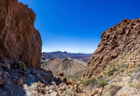 Mountain hiking on Montana Guajara, view of El Sombrero mountain, Teide National Park, Tenerife,