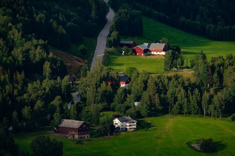 View of meadows and farms in the mountains of Gol, Hallingdal, Buskerud, Norway