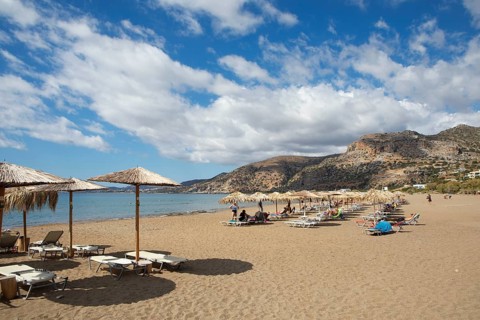 Pachia Ammos sandy beach, Paleochora on the Libyan Sea, in the back the Leka Ori or White