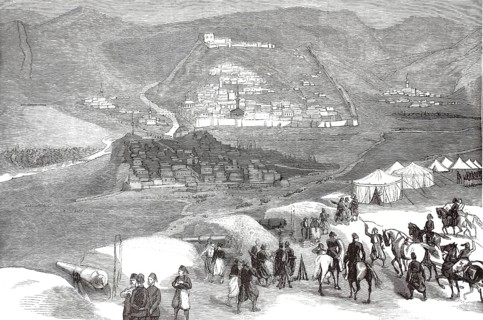 Russo-Ottoman War (1877–1878), the citadel of Kars on a steep cliff, troop movements, a military