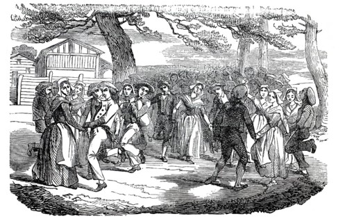 Group of people dancing a traditional Breton series dance called Dans tro or Gavotte in Brittany,