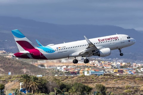 A Eurowings Airbus A320 aircraft with the D-AEWQ license plate at Tenerife Airport, Spain