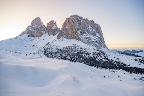 Beautiful landscape of the Mountain silhouettes of the Sexten Dolomites on a sunny winter day,