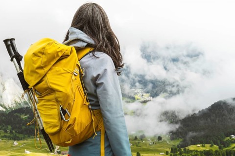 Back view of middle aged gray hair woman hiker yellow backpack overlooking lush green alpine valley