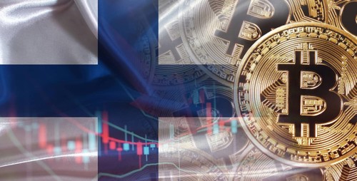Bitcoin cryptocurrency with Finnish flag. Investors in Blockchain Technology with Finland flag