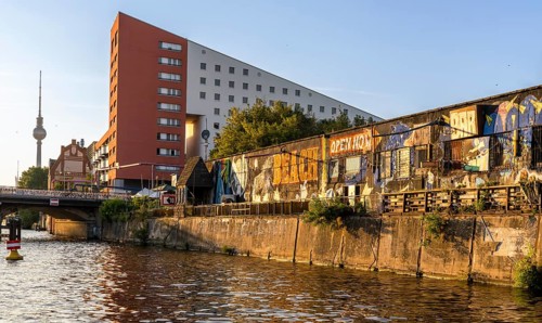 Beach club and residential buildings along Holzmarktstraße in Friedrichshain-Kreuzberg, view from