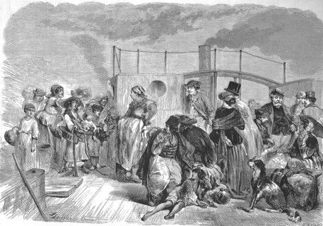 Passengers on the deck of a steamboat on the Danube near Budapest, 1869, Hungary, Historic,