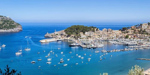 Port de Soller in Majorca from above Vacation at the sea Beach Marina with boats Travel panorama in