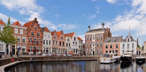 Houses at the city harbor, Goes, Zuid-Beveland, Zeeland, Netherlands