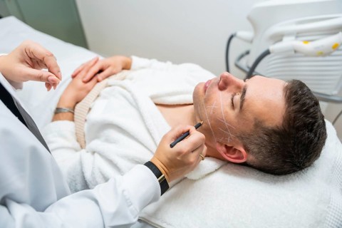 Doctor marks man's face with precise guidelines for cosmetic treatment in a modern clinic,
