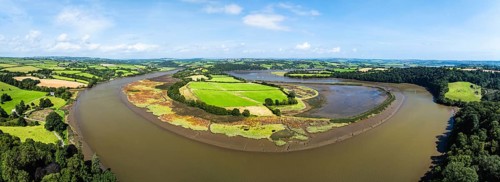 Panorama of River Tamar over Pentillie Castle from a drone, Paynters Cross, St Mellion, Cornwall,