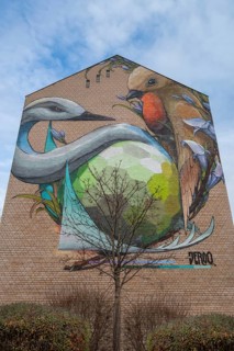 Wall painting with bird species on an apartment block, Nordring, Nuremberg, Middle Franconia,