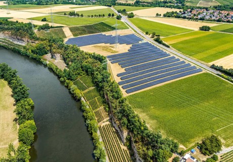 The Neckar near Lauffen. The Talheim PV Park above the impact slope. Solar systems near Talheim,