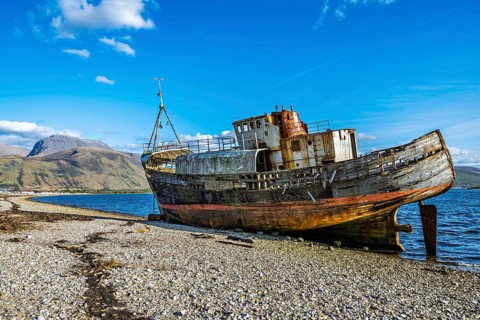 Corpach Wreck or Old Boat of Caol and Nevis Range Mountains, Caol Beach, Corpach, Fort William,