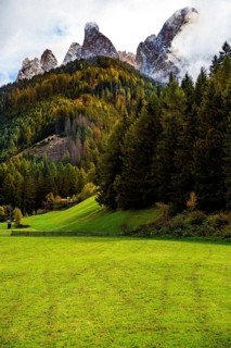 Mountain landscape with green fields and thick forests, under cloudy skies and autumn vegetation,