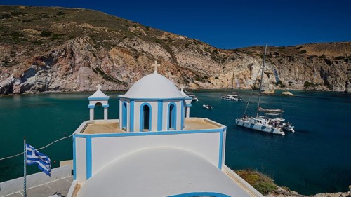 Agios Nikolaos Church, White Church with Coast View and Sailboats in the Sea, Palio Ergostasio