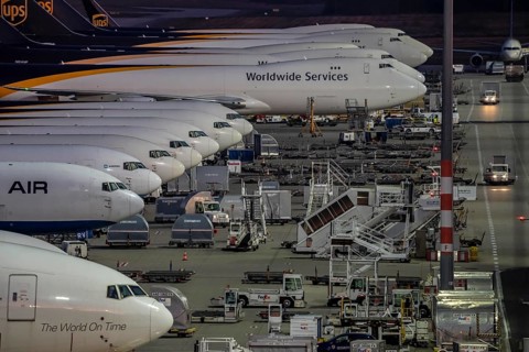 Cologne-Bonn airport, CGN, air freight center, UPS Logisic Hub, UPS cargo aircraft on the apron,