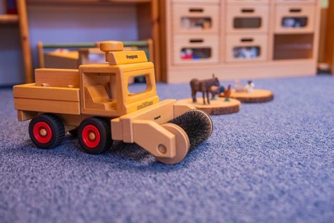 Detailed view of a wooden toy sweeper and small animal figures on a blue carpet, infant and toddler