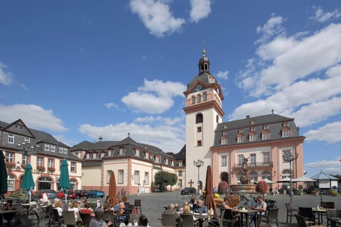 Baroque castle church and town church, street shop, market square, Weilburg, Taunus, Hesse, Germany