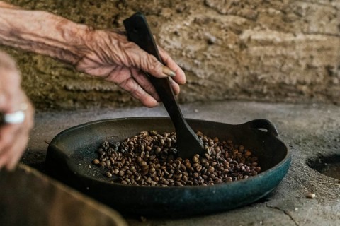 An elderly hand stirs balinese coffee beans in a pan, capturing the essence of traditional roasting